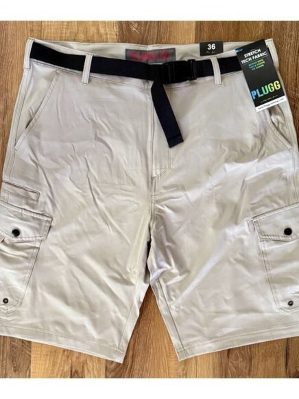 Plugg Men’s Cargo Shorts & Adjustable‎ Belt,7 Pocket Khaki,Size 36 -NWT